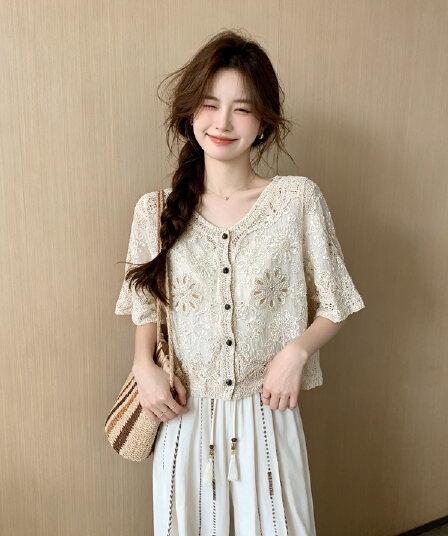 휴가 바람 홀로우 아웃 자수 반팔 셔츠 여름 새로운 문예 바람 루즈핏 슬림해 보이는 V넥 느슨함 센스 맨위 여성