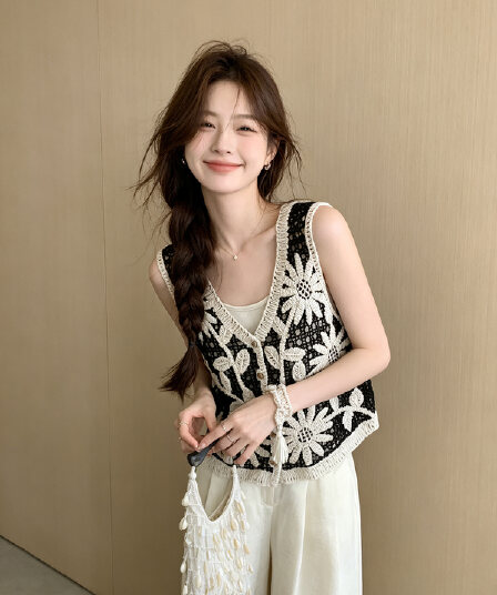 문예 바람 V넥 민소매 싱글 줄 버튼 조끼 슬립 투피스 세트 여름 새로운 태양 꽃 패치워크 색상 셔츠 맨위