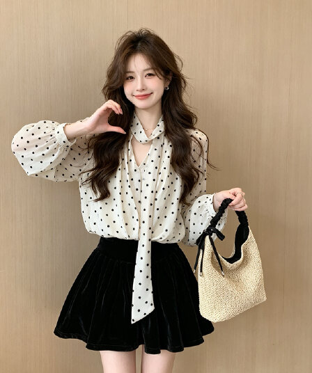 프랑스식 도트 무늬 리본 V넥 긴팔 여성 셔츠 가을 겨울 순수한 욕망 바람 스택 착용 고급 센스 명문 여성 쉬폰 블라우스 맨위