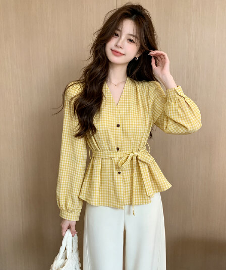 빛 요리 한 항구 바람 빨간색 체크무늬 허리 수축 여성 셔츠 가을 외출용 행침 목 리본 긴팔 조끼 베스트 맨위 서비스