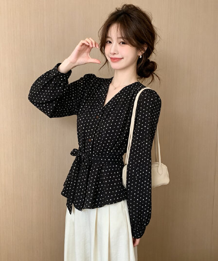 항구 바람 착용 가져 가라. 스트랩 허리 수축 도트 무늬 긴팔 셔츠 여자 2026 가을 세련된 Chic 아름다운 작은 셔츠 맨위