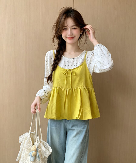 한 부서 부드러운 바람 달콤함 연령 감소 스택 착용 캐미솔 가을 새로운 루즈핏 슬림해 보이는 도트 무늬 셔츠 투피스 세트