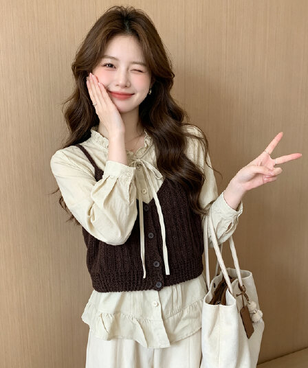 한 부서 레트로 프릴 스탠드 칼라 긴팔 여성 셔츠 가을 외국 가스 스택 착용 니트 조끼 베스트 투피스 세트