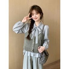 批发韩系优雅风设计感<b class='q'>蝴蝶结</b>系带长袖<b class='q'>衬衫</b>春秋新款宽松显瘦两件套上衣