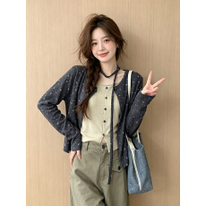 批发韩系复古碎花长袖针织开衫背心吊带三件套女修身显瘦别致绝美套装
