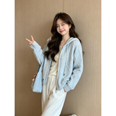 批发韩系温柔风彩色珠片连帽拉链长袖毛衣<b class='q'>外套</b>秋冬新款通勤针织开衫女