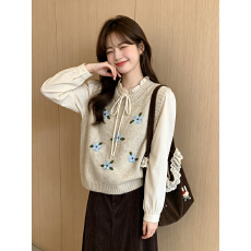 批发甜美花朵刺绣针织<b class='q'>马甲</b>背心女2026秋季新款叠穿长袖衬衫上衣两件套