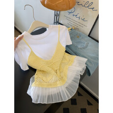 批发春<b class='q'>时尚</b>甜美钩花荷叶边<b class='q'>吊带</b>圆领T恤两件套女春季新款仙女上衣