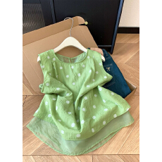 批发韩系绿色印花无袖衬衫<b class='q'>女</b>夏薄款宽松小衫设计感背心上衣