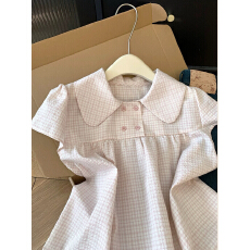 批发韩系甜美格纹娃娃领短袖上衣女夏季2026新款<b class='q'>宽松</b>显瘦百搭减龄<b class='q'>衬衣</b>
