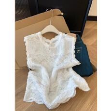 批发法式白色刺绣无袖衬衫<b class='q'>女</b>夏薄款小衫设计感小众微透上衣