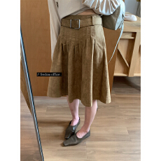 批发fredom配腰带卡其色麂皮绒百褶裙女2025秋季新款<b class='q'>高腰</b>显瘦半身中裙