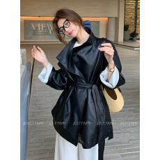 批发韩女氛围~设计高级感韩国chic炸街复古黑色PU皮西装皮衣外套