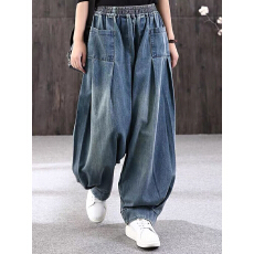 批发春季新款宽松大码牛仔<b class='q'>哈伦</b>裤女文艺百搭休闲垮裤灯笼裤拎环
