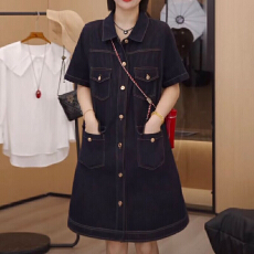 批发复古港风修身牛仔短袖连衣裙女2026夏季新款大码胖MM显瘦中<b class='q'>长裙</b>