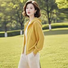 批发今年流行女装2026年秋季新款轻薄洋气慵懒风黄色连帽卫衣外套上衣
