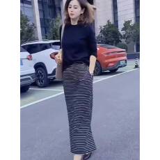 批发2025春秋网红新款时尚两件套裙女气质女人味显瘦小衫+<b class='q'>条纹</b><b class='q'>半身裙</b>