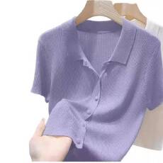 批发官图  紫色冰丝针织短袖T恤女2026新款夏季开衫薄款宽松显瘦上衣