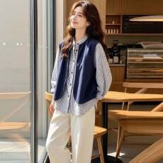 高级感格子衬衫女士2026年春秋季新款假两件马甲叠穿宽松显瘦上衣