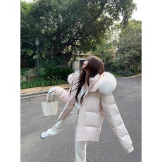 批发加厚粉色新年<b class='q'>羽绒服</b>女冬小个子连帽狐狸毛大毛领中长款面包服外套