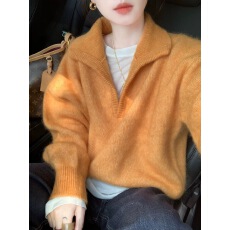 多巴胺橘色半开领宽松慵懒风针织衫毛衣女冬季加厚可外穿内搭上衣