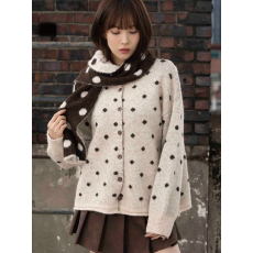 批发日韩系慵懒风复古波点毛衣外套女秋冬百搭配围巾针织开衫两件<b class='q'>套装</b>
