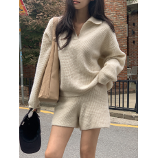 批发美式复古学院风松弛感针织华夫格<b class='q'>套装</b>翻领针织上衣短裤宽松阔腿裤