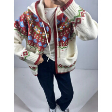 批发新年费尔岛加厚连帽毛衣外套<b class='q'>女</b>韩版秋冬新款宽松百搭显瘦针织<b class='q'>开衫</b>