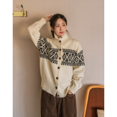 批发费尔岛毛衫提花高领对纹<b class='q'>针织</b>衫<b class='q'>开衫</b>女新年圣诞减龄毛衣外套