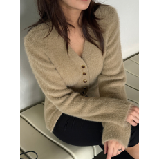 批发韩国chic秋冬减龄复古轻熟风优雅大V领单排扣质感毛绒针织衫毛衣