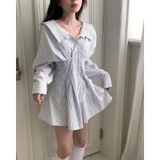 批发<b class='q'>韩版</b>条纹衬衫式连衣裙女春季新款甜美气质后背交叉绑带收腰短裙