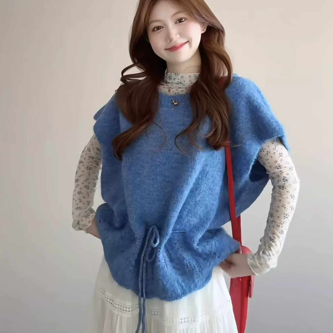 2026 슈퍼 디스플레이 화이트 파란색 작은 날다 소매 스웨터 여성 뜨개질 베스트 한 부서 스택 착용 루즈핏 맨위 봄 새로운