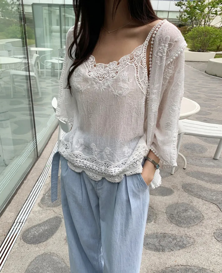 2026 년 조기 봄 한 부서 패션 새로운 고급 센스 물 용해 자수 자외선 차단 작은 셔츠 캐미솔 세트 여성