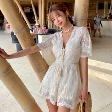 批发夏季换季时尚性感V领短袖纯色薄款连衣裤 蕾丝绣花<b class='q'>连体裤</b>罩衫