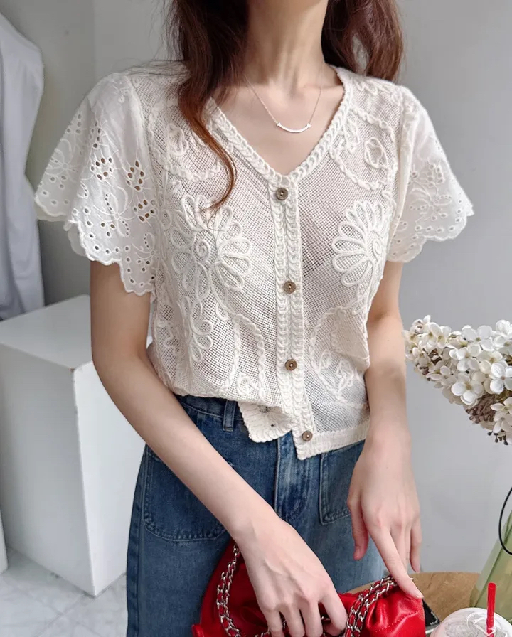 홀로우 아웃 훅 벚꽃 블라우스 여성 루즈핏 외부 가져 가라. 얇은 스타일 에어컨 셔츠 자외선 차단 의류