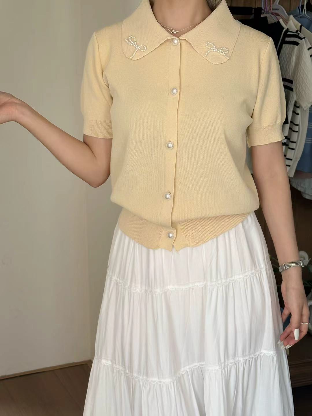 달콤함 진주 나비 매듭 베이비 칼라 니트 오픈 가디건 여성 2026 년 가을 겨울 새로운 부드러운 찹쌀 슬림해 보이는 스웨터 코트