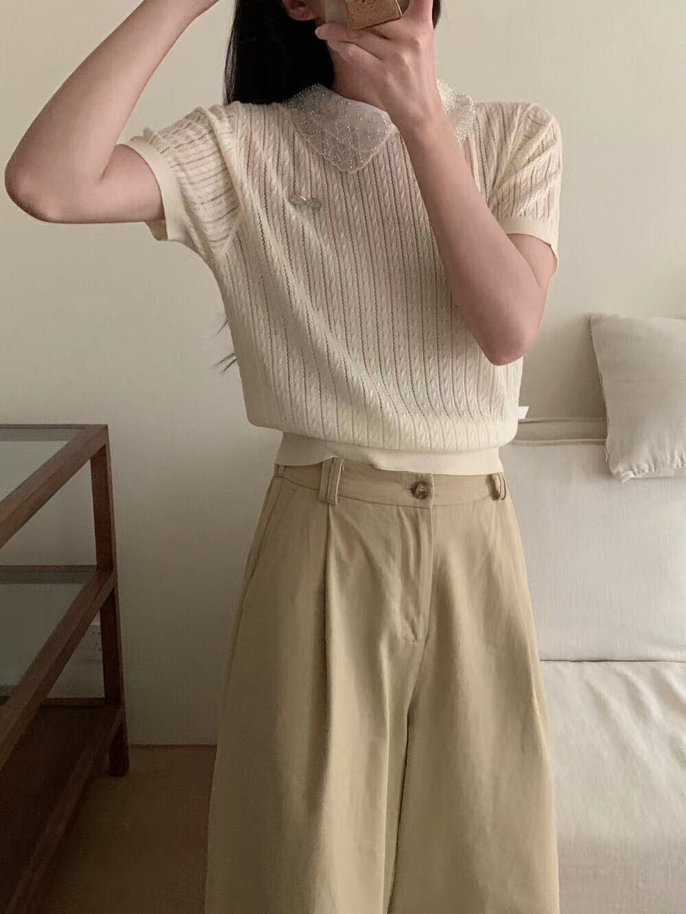 회색 패치워크 레이스 베이비 칼라 니트 반팔 티셔츠 여성 여름 작은 키 한 부서 Chic 아름다운 작은 맨위