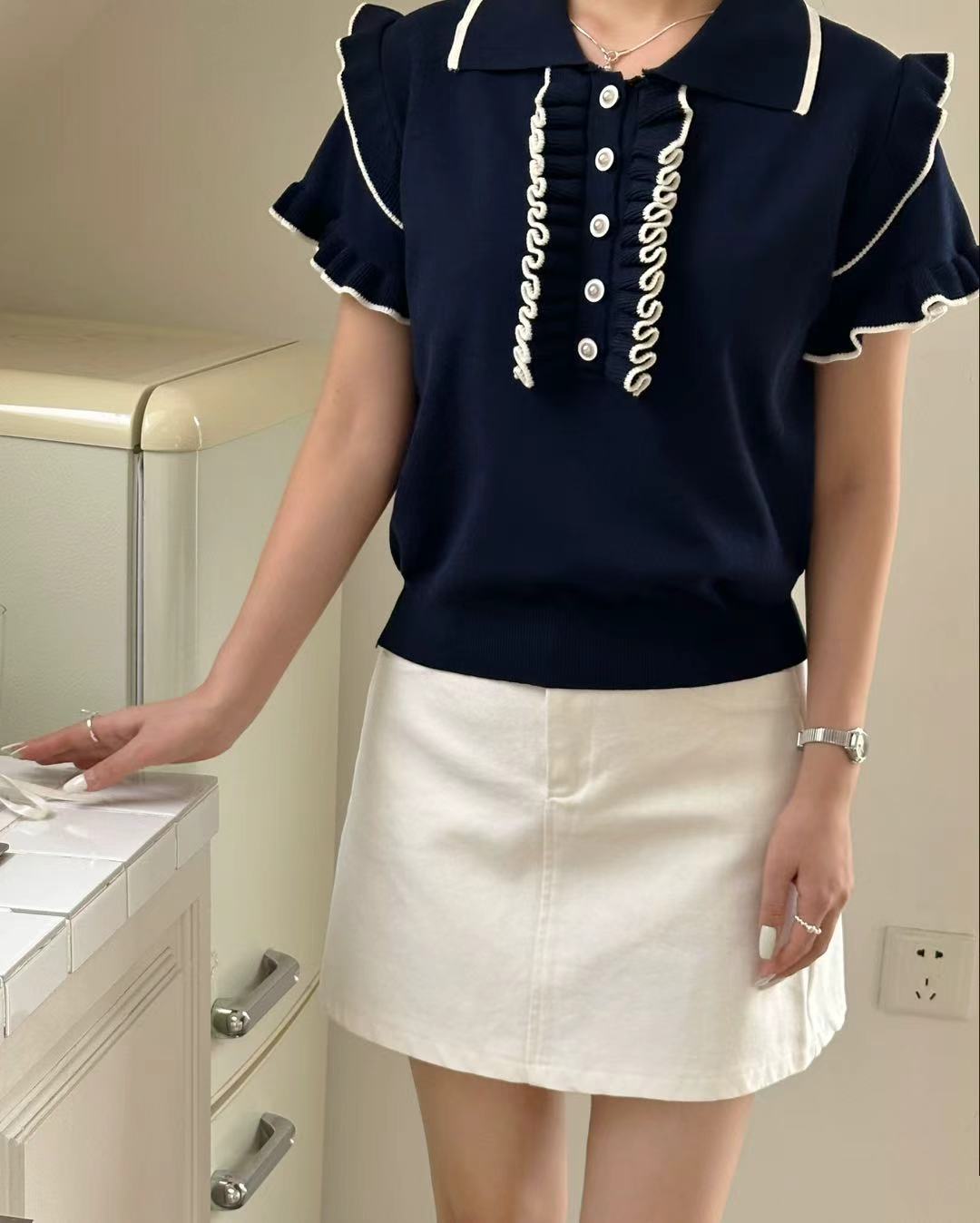 2026 봄 여름 새로운 캐주얼 다용도 프릴 POLO 칼라 니트 스웨터 맨위