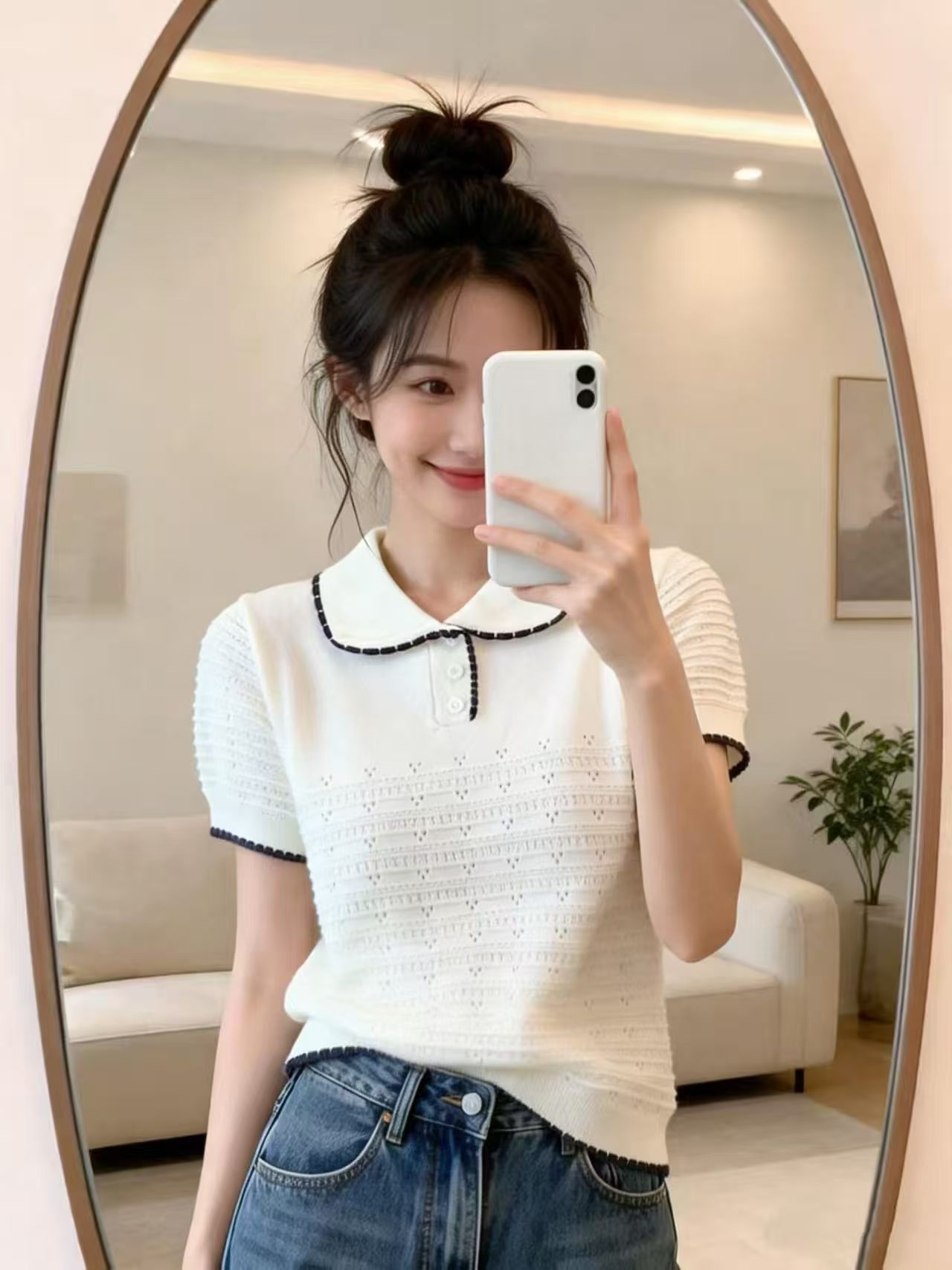 맨위 2026 여름 프랑스식 레트로 POLO 칼라 슬림해 보이는 다용도 풀오버 반팔 니트 스웨터