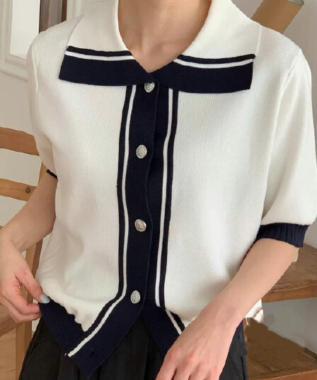배색 POLO 칼라 니트 스웨터 티셔츠 반팔 여성 여름 새로운 한 부서 착용 가져 가라. 캐주얼 작은 키 슬림해 보이는 맨위