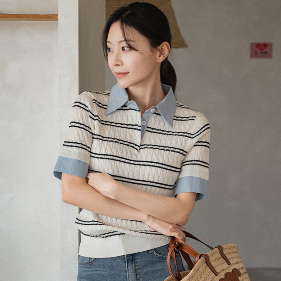 한 부서 chic 여름 새로운 패션 스트라이프 패치워크 페이크 레이어드 POLO 칼라 트위스트 꽈배기 반팔 얼음 실크 니트 여성