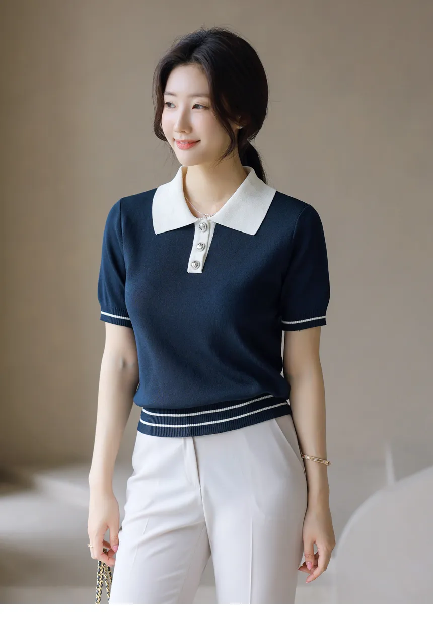 한 부서 POLO 칼라 반팔 티셔츠 여성 여름 긍정적 인 어깨 작은 대중 디자인 센스 Chic 맨위 작은 키 니트 스웨터