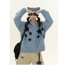 批发美式<b class='q'>街头</b>星星提花针织开衫女甜酷风慵懒拉链翻领毛衣情侣外套