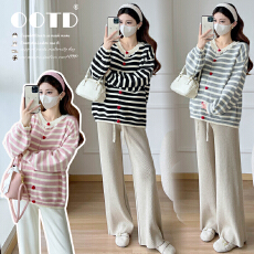 批发实拍2025秋冬新款孕妇装条纹针织开衫秋季单排扣圆领<b class='q'>百搭</b>上衣毛衣