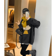 批发2025秋冬季新款<b class='q'>孕妇装</b>慵懒卡通小狗毛巾绣圆领宽松针织套头毛衣