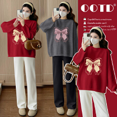 批发实拍孕妇装秋装2025新款秋冬外穿提花套头长袖宽松休闲百搭上衣女