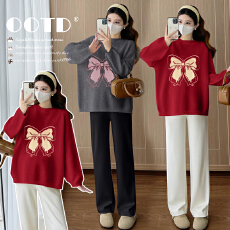 批发实拍<b class='q'>孕妇装</b>秋装2025新款秋冬外穿提花套头长袖宽松休闲百搭上衣女