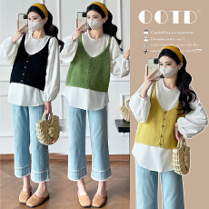 批发实拍 2026新款春秋<b class='q'>孕妇装</b>宽松衬衫马甲新款设计感<b class='q'>百搭</b>上衣两件套