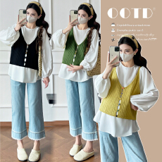 批发实拍 2026新款春秋<b class='q'>孕妇装</b>宽松衬衫马甲新款设计感<b class='q'>百搭</b>上衣两件套