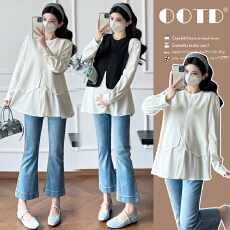 批发<b class='q'>实拍</b> 2026新款<b class='q'>孕妇装</b>宽松假两件针织拼接衬衫+托腹<b class='q'>孕妇</b><b class='q'>裤</b>两件套